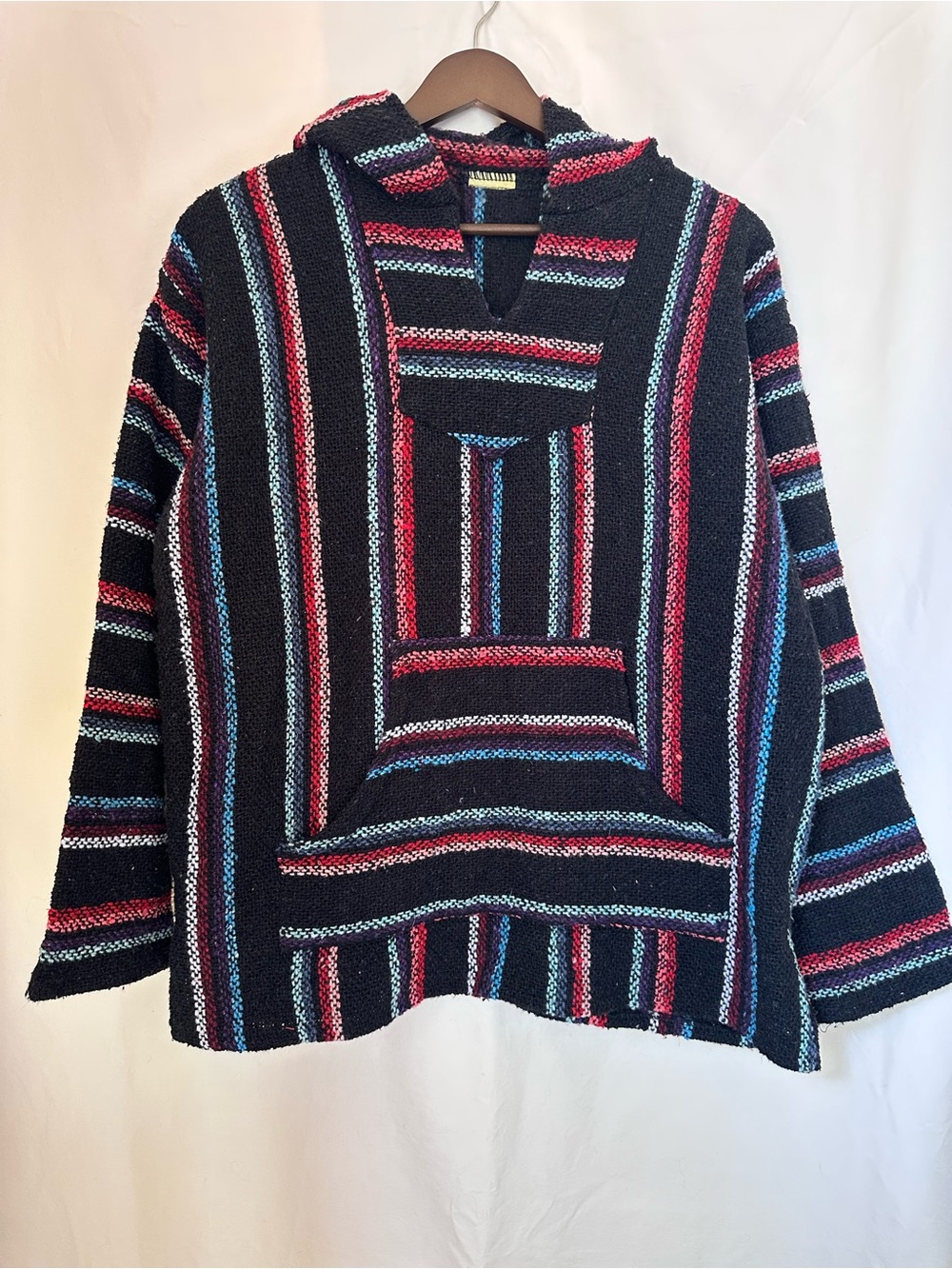 Striped Hooded Baja Knit Sweater - Black with Red & Blue
